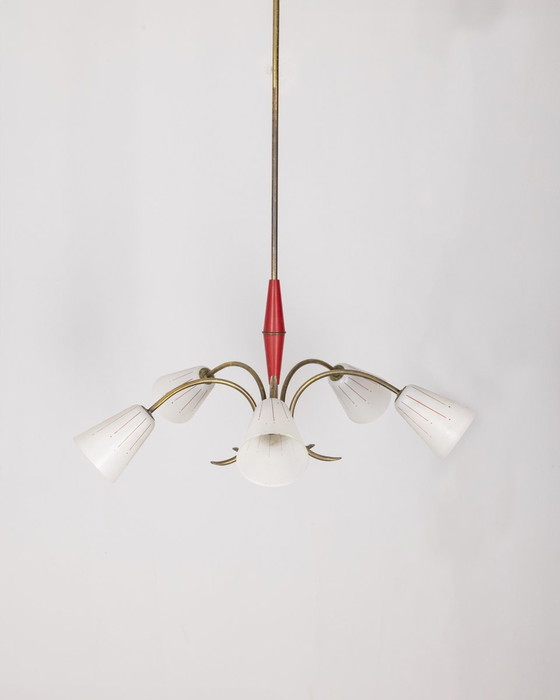 Image 1 of Vintage 1960S Rotes Metall und Glas Kronleuchter Italienisches Design