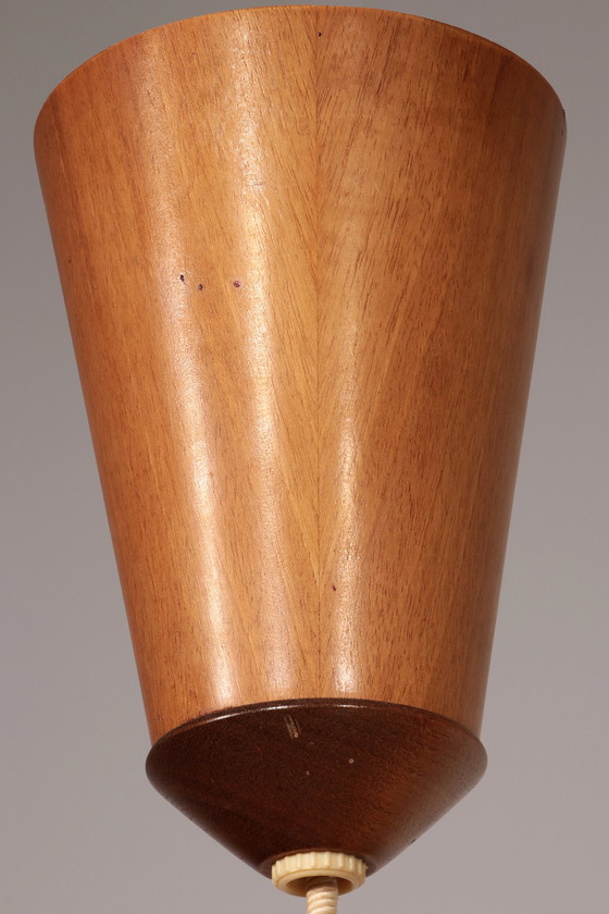 Image 1 of Anzeige Bild Vintage Temde Pendelleuchte mit Nussbaum und Raffia 1960S