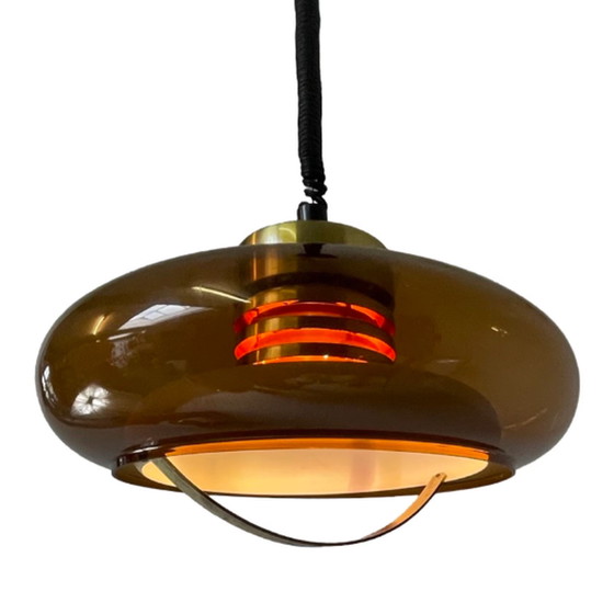 Image 1 of Herda - Hängepedant mit Schnur - Braunes Acryl und orangefarbenes Innenleben - Space Age Design - Extrem seltenes Modell