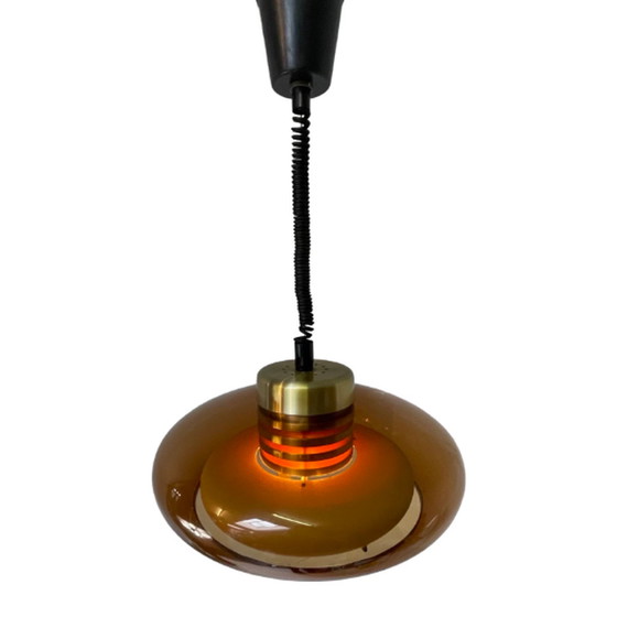 Image 1 of Herda - Hängepedant mit Schnur - Braunes Acryl und orangefarbenes Innenleben - Space Age Design - Extrem seltenes Modell