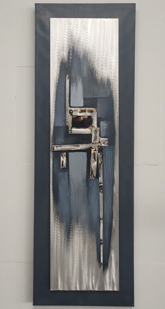 Image 1 of Industrielles abstraktes Kunstwerk, Metallkunstwerk auf Leinwand.