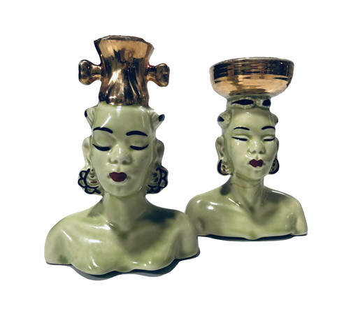 Vintage Africanist Kerzenhalter - Glasierte Keramik - 1950