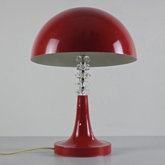 Image 1 of Vintage 1960S Hungarian Red Lacquered Mushroom Table Lamp With Diamond Neck - Vintage Hemisphere Table Lamp.