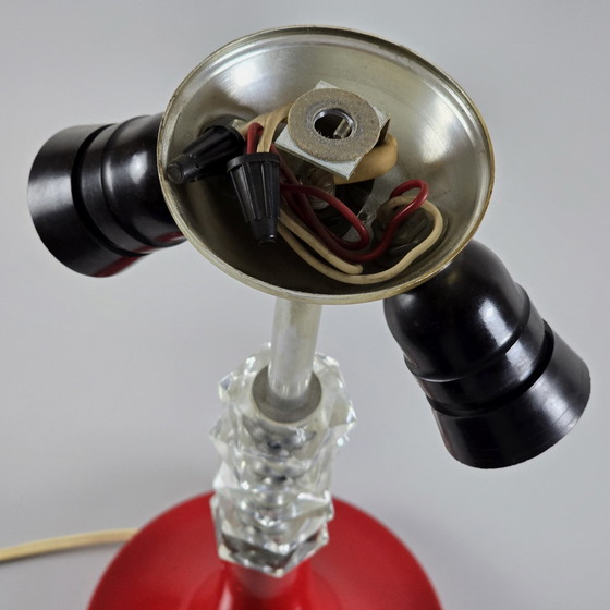 Image 1 of Vintage 1960S Hungarian Red Lacquered Mushroom Table Lamp With Diamond Neck - Vintage Hemisphere Table Lamp.