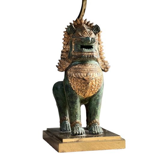 Image 1 of Thai Singha Löwe Foo Hund Tischlampe aus Bronze und vergoldet