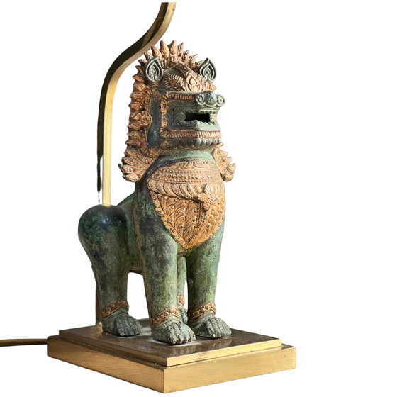 Image 1 of Thai Singha Löwe Foo Hund Tischlampe aus Bronze und vergoldet