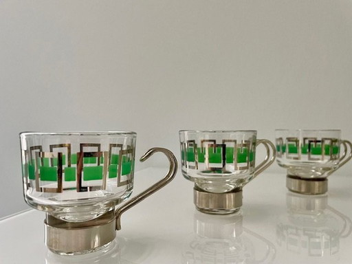 6X Vintage Espresso Tassen Glas/Chrom mit Grün/Silber Retro Design
