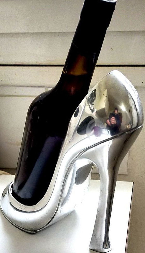 Image 1 of Vintage Flaschenhalter - Nadelabsatz - Verchromter Stahl - Rotes Interieur - 1980