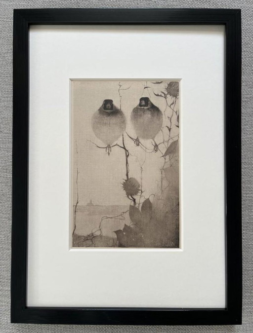 Jan Mankes 1889-1920 / Original gerahmte Heliogravüre Stieglitze in der Abenddämmerung 1923