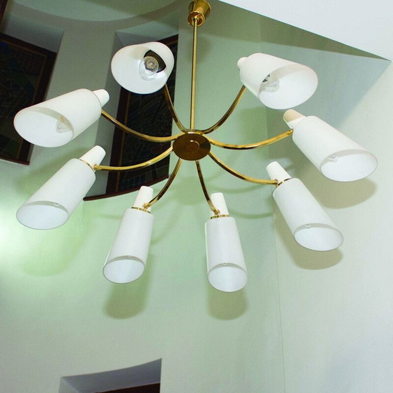 Image 1 of Vintage Sputnik-Kronleuchter mit 8 Opalschirmen von Stilnovo Style, Italien 1950