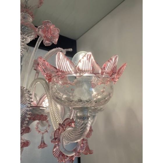 Image 1 of Transparenter und rosafarbener Kronleuchter aus Muranoglas mit Blumen und Blättern