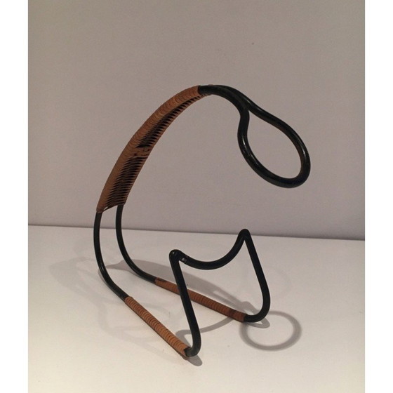 Image 1 of Skandinavischer Vintage-Flaschenhalter aus schwarz lackiertem Metall und Rattan, 1950er Jahre