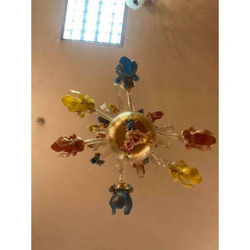 1970S Italienischer Stil Murano Glas Multicolors mit Blumen Kronleuchter