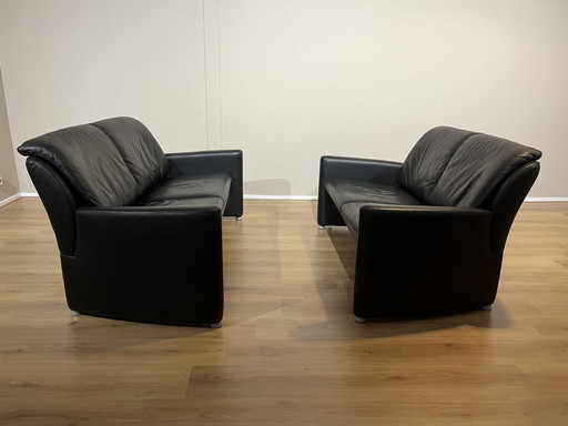 2x Leolux Fidamigo Schwarzes Leder 2,5-Sitzer + 2-Sitzer Sofa