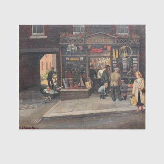 Image 1 of Vintage Öl auf Karton "Spielzeug, Süßigkeiten, Schreibwaren" von Stephen Bone