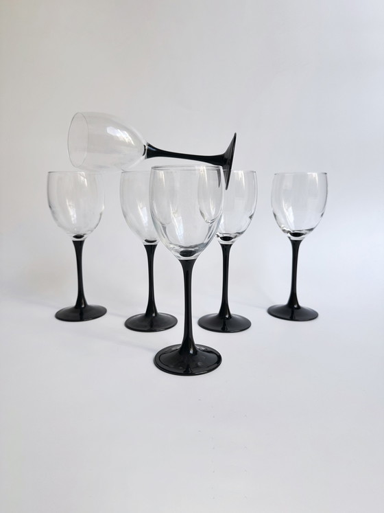 Image 1 of 6 Vintage Luminarc Wein Gläser Domino Schwarz 80Er Art Deco Revival
