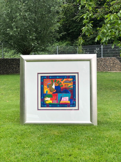 Clemens Briels, Frau mit einer Art Regenschirm – lithos zeefdrukken, Modern