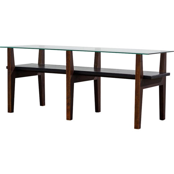 Image 1 of Belgischer Vintage Couchtisch aus Nussbaum und Glas mit einem konstruktivistischen, 1950er Jahre