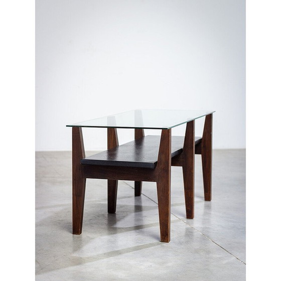 Image 1 of Belgischer Vintage Couchtisch aus Nussbaum und Glas mit einem konstruktivistischen, 1950er Jahre