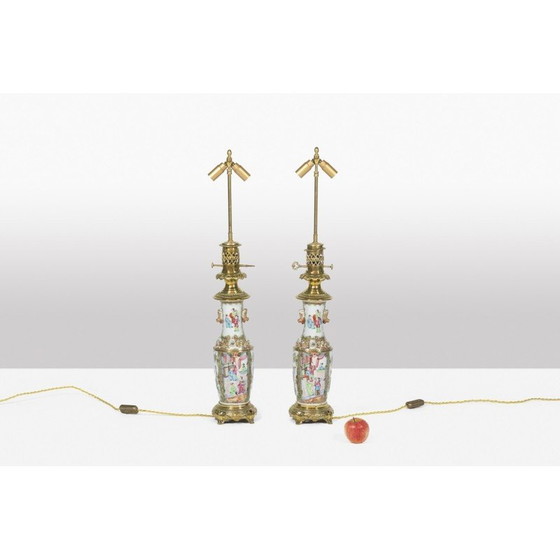 Image 1 of Paar alte Lampen aus Kantoner Porzellan und Bronze, 1880
