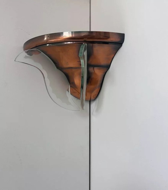 Image 1 of 2X Art Deco Eckige Wandleuchte, Kupfer Und Glas, Frankreich 1930