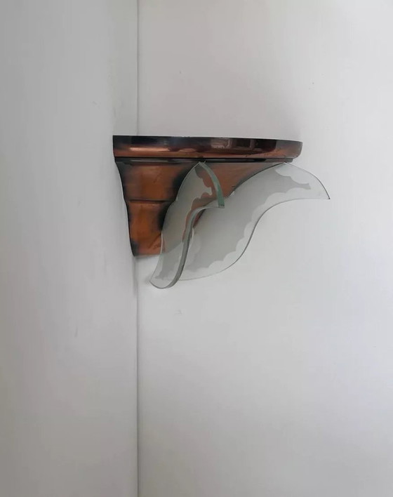 Image 1 of 2X Art Deco Eckige Wandleuchte, Kupfer Und Glas, Frankreich 1930