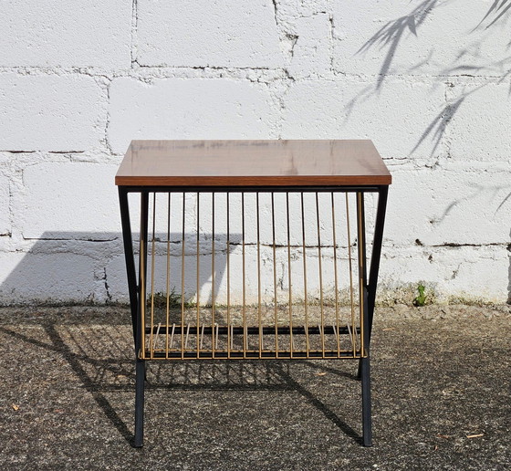 Image 1 of Französisch Vintage Magazin Rack- Phono Tisch-Beistelltisch-Retro Formica Konsole-Mahagoni Effekt -60S