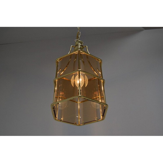 Image 1 of Mid-Century-Hängeleuchte aus Rauchglas und Messing, Tschechoslowakei 1980er Jahre