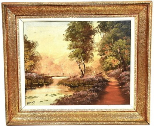 Dutch School (XX) - Waldweg und Fluss mit Brücke