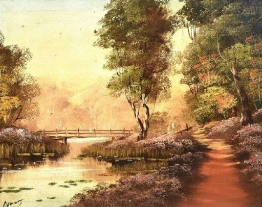 Dutch School (XX) - Waldweg und Fluss mit Brücke