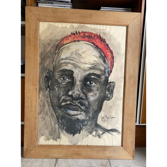 Image 1 of Vintage Zeichnung in natürlicher Eiche von Kohle und Gouache Jean Poulain, 1939