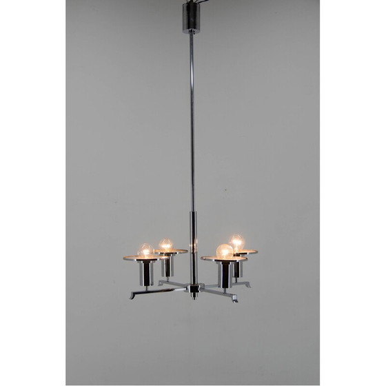 Image 1 of Funktionalistischer Vintage-Kronleuchter aus Chrom und Glas, 1930er Jahre