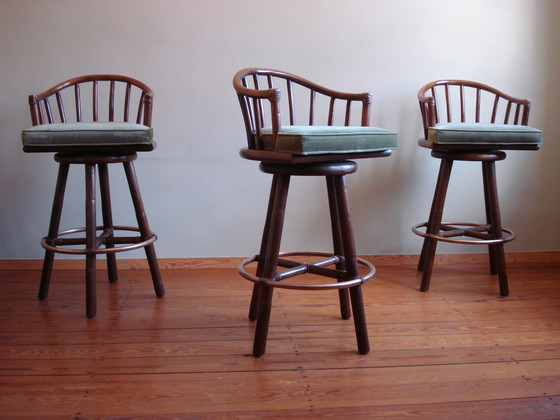 Image 1 of 3x McGuire Vintage Rattan Barhocker