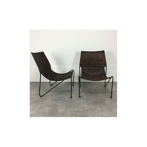 Image 1 of Ein Paar Vintage-Sessel aus Rattan und Stahldraht von Frederick Weinberg