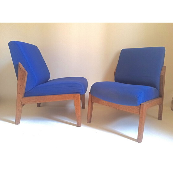 Image 1 of Paar Vintage-Sessel aus massivem Teakholz und blauem Stoff, 1950