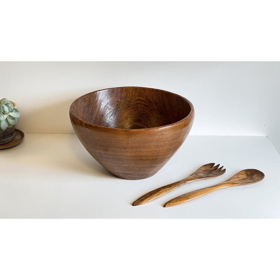 Image 1 of Vintage Salatschüssel und Besteck aus Teakholz