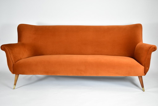 Dreisitziges Sofa aus Velours, Deutschland 1960er Jahre, rostig, restauriert