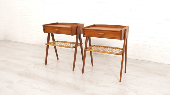 Image 1 of Set Dänische Nachttische | Vintage | Teak | Rattan