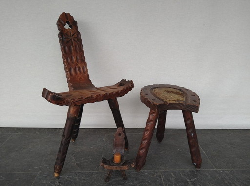 Spanischer brutalistischer Stuhl + Hocker + Kerzenständer