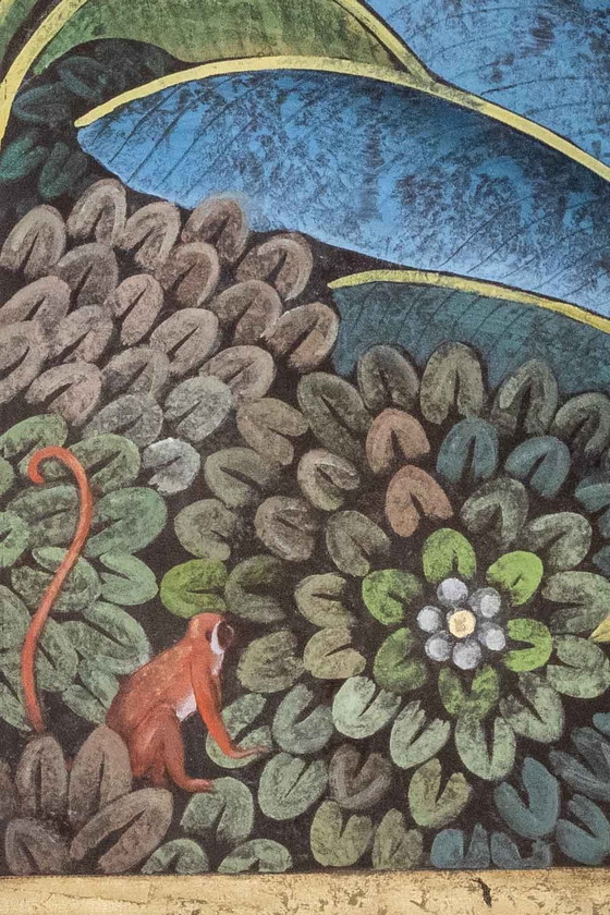 Image 1 of Gemaltes Leinwandbild mit einem Tukan auf stilisiertem Hintergrund. Zeitgenössisch.