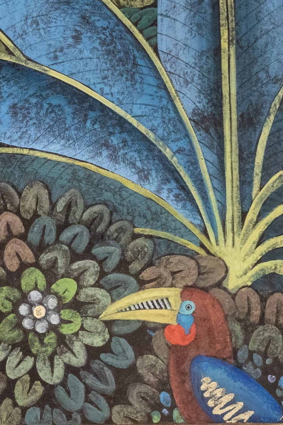 Image 1 of Gemaltes Leinwandbild mit einem Tukan auf stilisiertem Hintergrund. Zeitgenössisch.