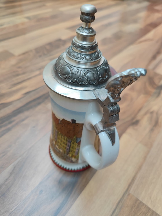 Image 1 of Bierkrug Mit Zinndeckel "Der Markt zu München" Dr. Markle Atelier, Handdekoriert
