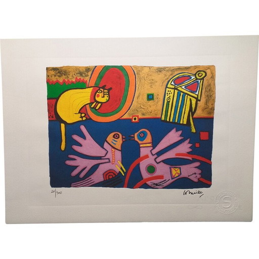 Vintage-Lithografie "Zwei Vögel und eine Katze" von Corneille, 2010