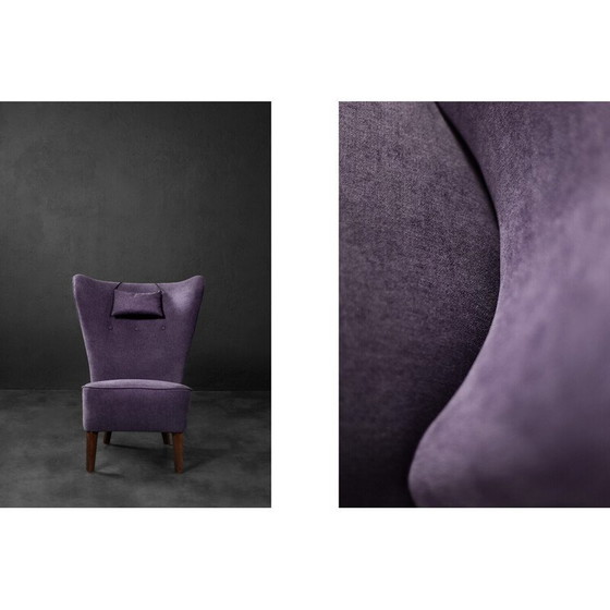 Image 1 of Vintage Ohrensessel in Eiche und lila Stoff, Dänemark 1950