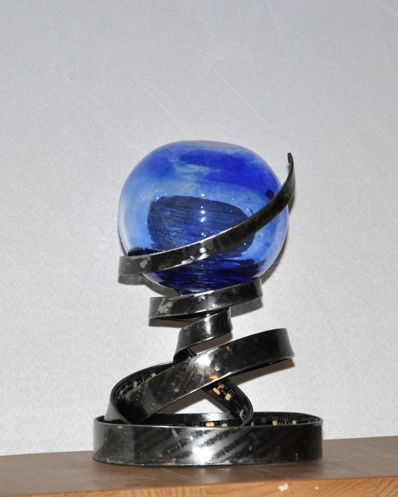 Image 1 of Metall Und Geblasenes Glas Lampe Blau, Stimmungslampe