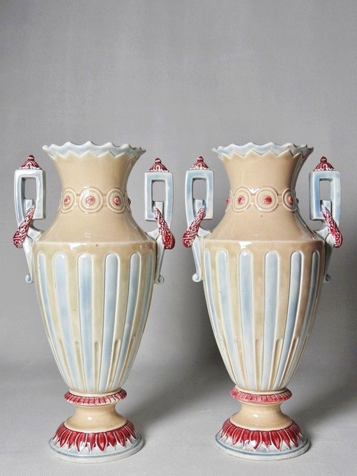 Paar Majolika Vasen, Barbotine Art Deco Ancient Im Geschmack Von Minton Ancient