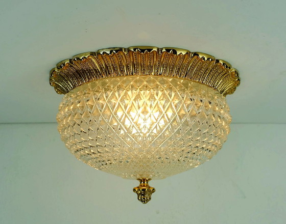 Image 1 of Vintage-Glasdeckenleuchte Limburg A 637 aus strukturiertem, vergoldetem Aluminium aus den 1970er Jahren