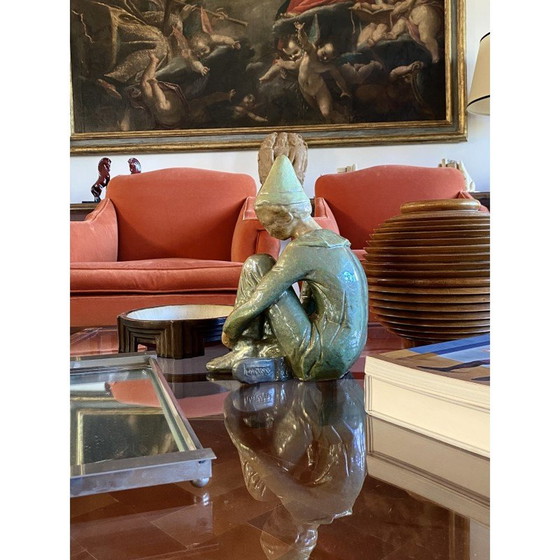 Image 1 of Grüne Keramikfigur eines sitzenden Jungen von Giordano Tronconi, Italien 1950