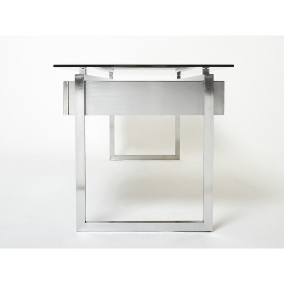 Image 1 of Vintage-Schreibtisch aus gebürstetem Edelstahl und grauem Rauchglas von Patrice Maffei für Kappa, 1970
