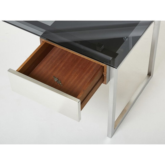 Image 1 of Vintage-Schreibtisch aus gebürstetem Edelstahl und grauem Rauchglas von Patrice Maffei für Kappa, 1970
